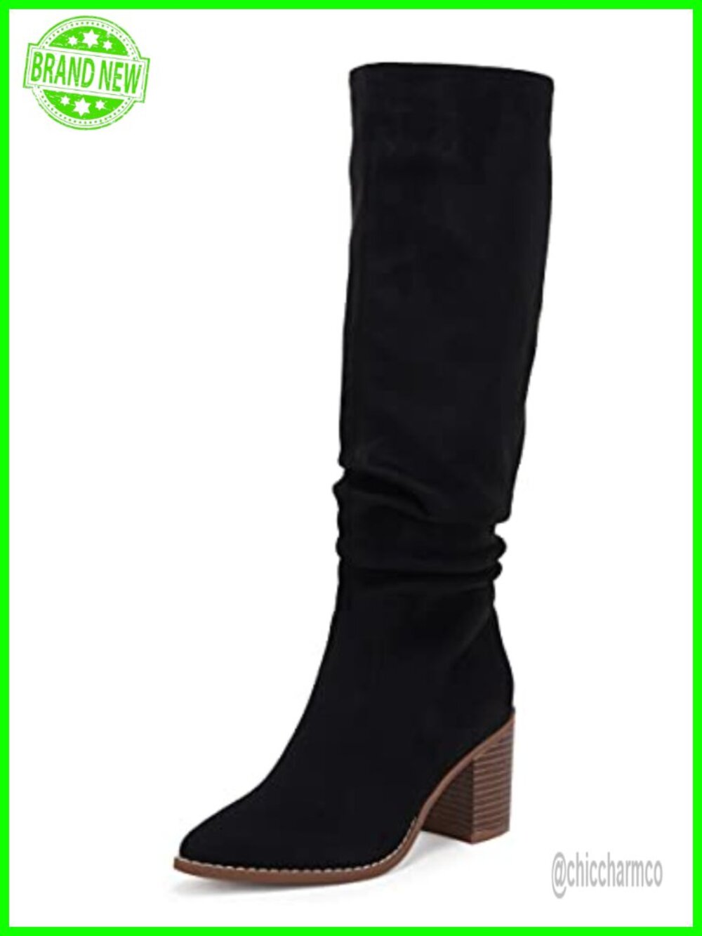 Faux Suede Pointed Toe Knee High Chunky Heel Boots Side Zip Wide Calf Womens